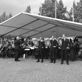 Foto der Marschrevue aus dem Jahr 2015. Mit 3 Fanfaren vor dem Orchester.