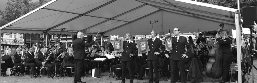 Foto der Marschrevue aus dem Jahr 2015. Mit 3 Fanfaren vor dem Orchester.