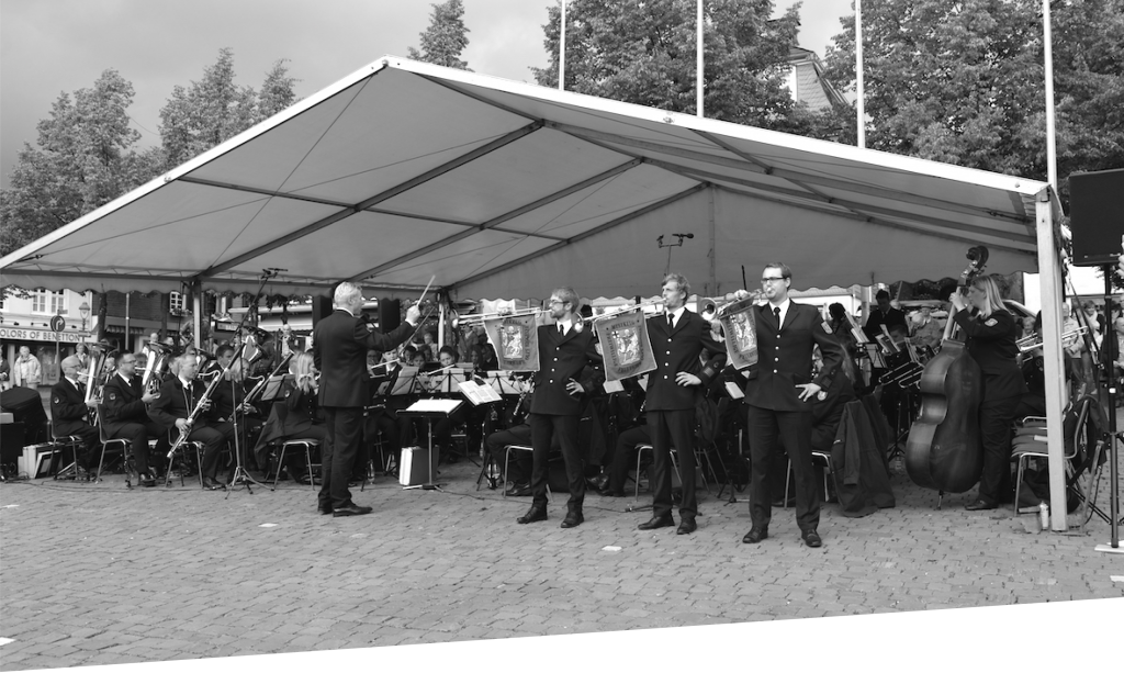 Foto der Marschrevue aus dem Jahr 2015. Mit 3 Fanfaren vor dem Orchester.
